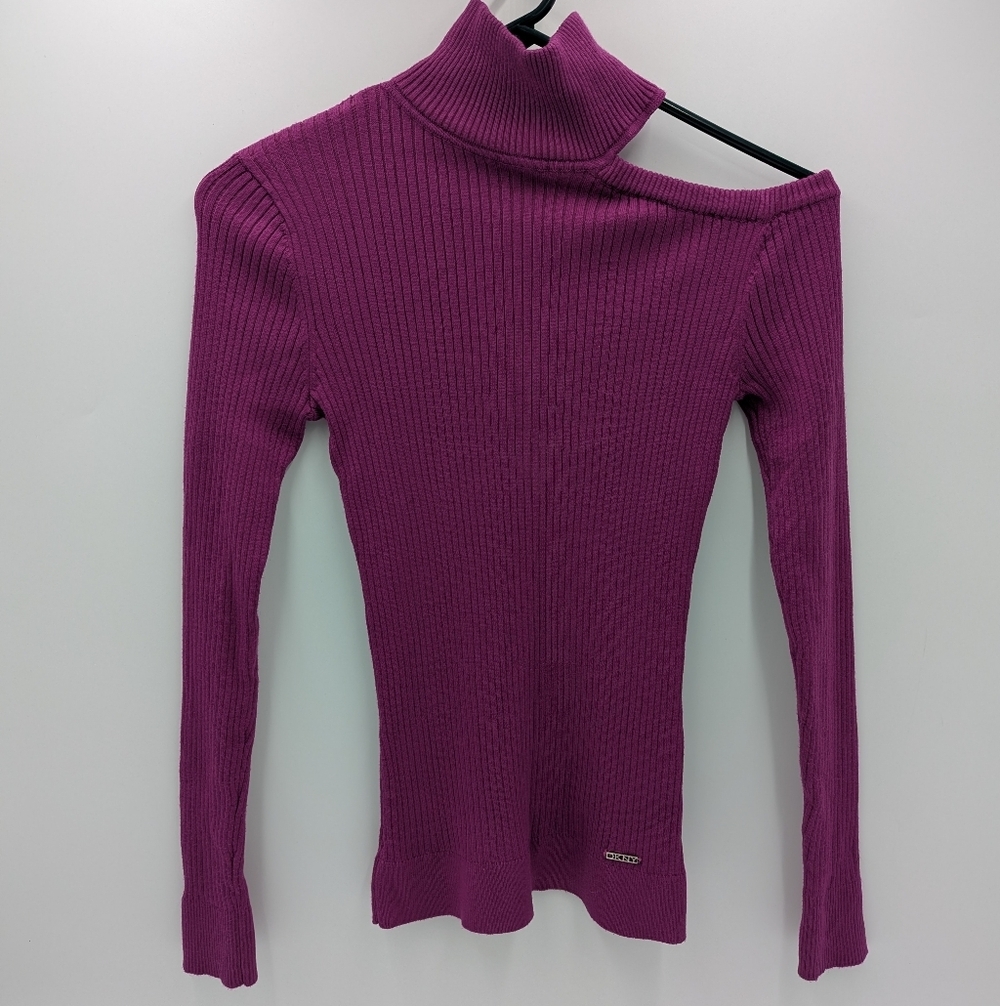 DKNY Purple Ribbed Turtleneck Cold Shoulder Sweater Womens XS Edgy Contemporary